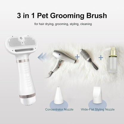3-in-1 Pet Grooming Tool - Hair Dryer with Slicker Brush & Steam Spray, Self-Cleaning Deshedding Brush with USB Rechargeable for Dogs/Cats, Ideal for Home & Travel