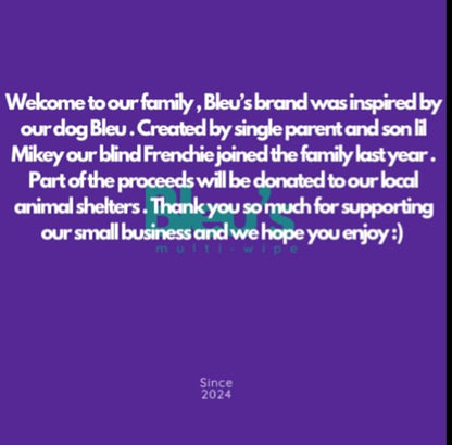Bleu's Multi-Wipe pet Wipe Dog and Cat Grooming Blueberry Scented Ideal for Ears, Eyes and Tears, Face, Nose, Paws, Claws, Fur, Tails and Booties. Eco-Friendly, compostable
