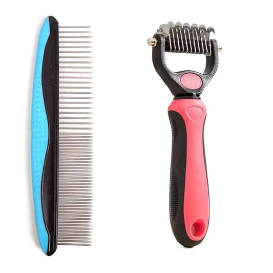 Pet Dematting Tool 2 Pack Double Sided Undercoat Rake & Dematting Comb for Cats and Dogs for Detangling Matted or Knotted Undercoat Hair (Pink & Black, Small)