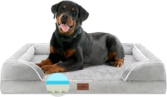 Cooling Dog Bed, Orthopedic Memory Foam Dog Bed, Jumbo Dog Bed for Extra Large Dogs, Jumbo Breed Dog Bed, Waterproof Dog Bed with Bolster & Removable Cover(Jumbo,Light Grey)