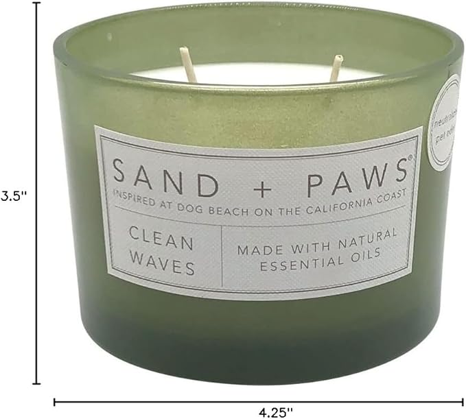 Sand + Paws Scented Candle - Clean Waves - Additional Scents and Sizes –Luxurious Air Freshening Jar Candles Neutralize pet Odors and Enhance Home décor – 100% Cotton Lead-Free Wicks - 12 oz