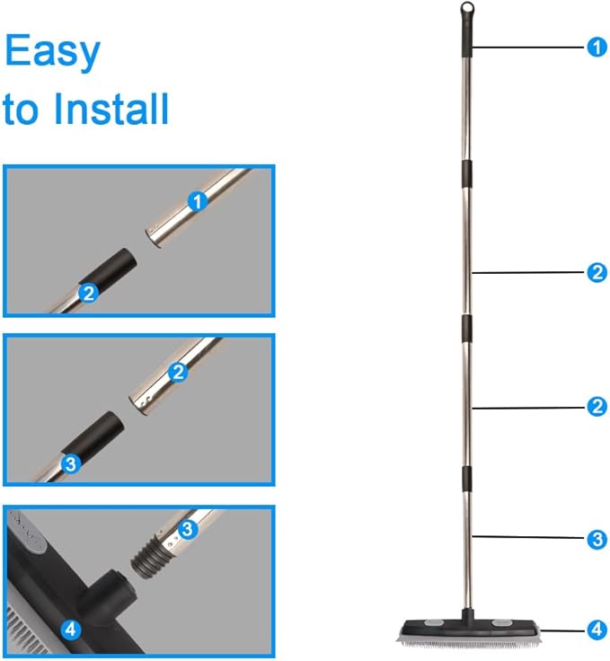 Pet Hair Rubber Broom with Carpet Rake and Squeegee, 2 in 1 Floor Brush for Carpet, 58 inch Adjustable Handle,Silicone Broom Black