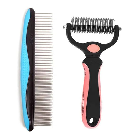 Pet Dematting Tool 2 Pack Double Sided Undercoat Rake & Dematting Comb for Cats and Dogs for Detangling Matted or Knotted Undercoat Hair (Orange & Black, Large)