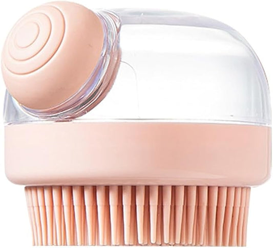 Pet Bathing Brush with Soap Dispenser, Ergonomic 4D Grip, One-Click Liquid Dispensing (Rose Pink)