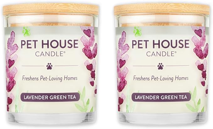 One Fur All Pet House Candles 2 Pack - Plant-Based/Soy, Clean Burning, Long Lasting Pet Odor Candle for Home - Lavender Green Tea
