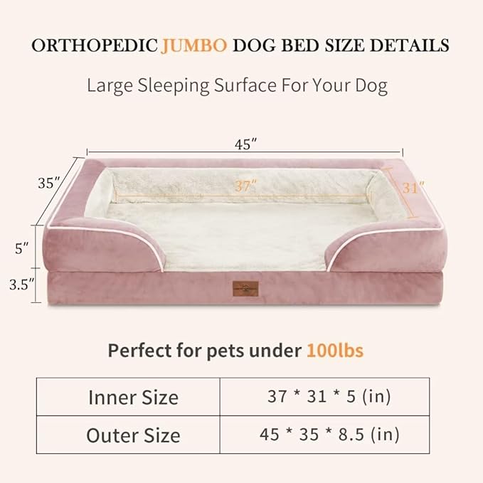 Jumbo Dog Bed, Waterproof Orthopedic Dog Bed, Jumbo Breed Dog Bed for Extra Large Dogs, PV Washable Dog Sofa Bed with Removable Cover & Non-Slip Bottom(Jumbo,Pink)