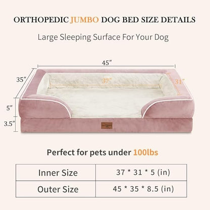 Jumbo Dog Bed, Waterproof Orthopedic Dog Bed, Jumbo Breed Dog Bed for Extra Large Dogs, PV Washable Dog Sofa Bed with Removable Cover & Non-Slip Bottom(Jumbo,Pink)
