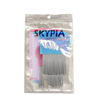 SKYPIA Combs Set, 4 Packs Pet Lice Combs for Cats Dogs Plastic and Stainless Steel Flea Combs, Dandruff Remover, Dog Grooming Comb, Identify Skin Problems, Large, Blue, Pink, Silver