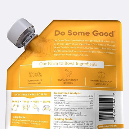 Open Farm Bone Broth, Food Topper for Both Dogs and Cats with Responsibly Sourced Meat and Superfoods Without Artificial Flavors or Preservatives, 72oz (6 Pack Harvest Chicken)