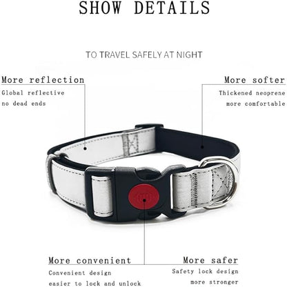 Reflective Dog Collar Soft Neoprene Padded Breathable Nylon Pet Collar Adjustable for Small Medium Large Dogs (Silver, L)
