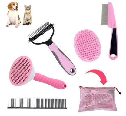 Dog Grooming Kit – Pink Deshedding Brush for Short Hair Dogs, Slicker Brush, Flea Comb & Puppy Brush Set – Gentle Grooming Tools for Small & Medium Breeds