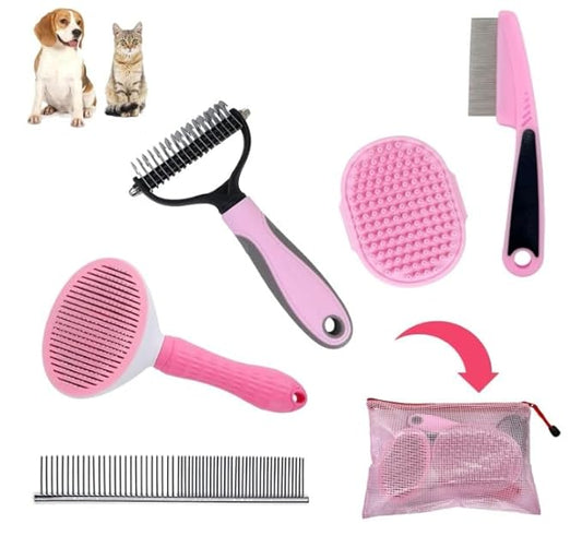 Dog Grooming Kit – Pink Deshedding Brush for Short Hair Dogs, Slicker Brush, Flea Comb & Puppy Brush Set – Gentle Grooming Tools for Small & Medium Breeds