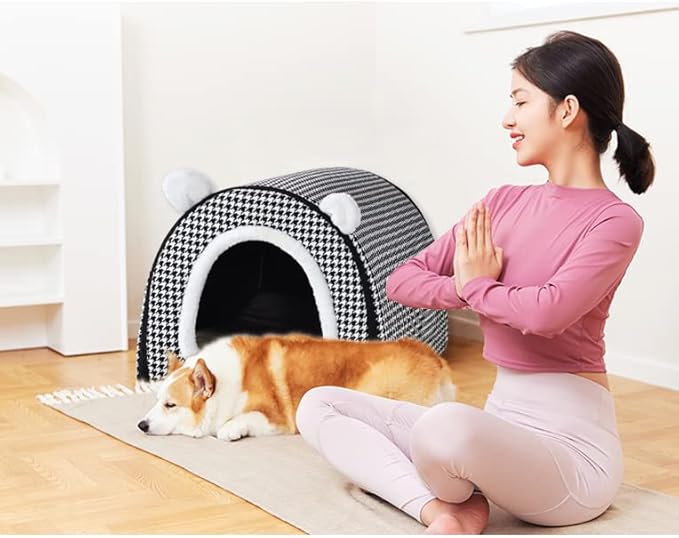 Dog Bed,2 Ways to Use,Indoor Pet House with Fluffy Mat,Removable and Washable Cover,Non-Slip Bottom,for Large Dogs(XL Black Cranes)