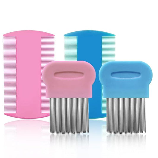 SKYPIA Combs Set, 4 Packs Pet Lice Combs for Cats Dogs Plastic and Stainless Steel Flea Combs, Dandruff Remover, Dog Grooming Comb, Identify Skin Problems, Large, Blue, Pink, Silver