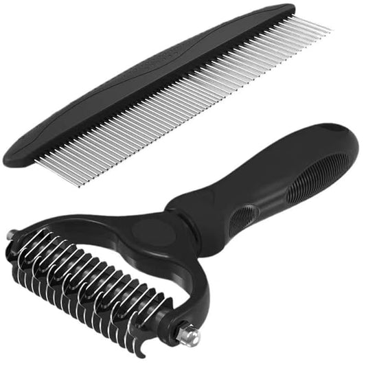 Pet Dematting Tool 2 Pack Double Sided Undercoat Rake & Dematting Comb for Cats and Dogs for Detangling Matted or Knotted Undercoat Hair (Black, Large)