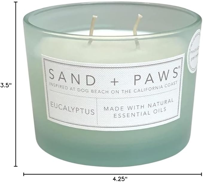 Sand + Paws Scented Candle - Eucalyptus - Additional Scents and Sizes –Luxurious Air Freshening Jar Candles Neutralize pet Odors and Enhance Home décor – 100% Cotton Lead-Free Wicks - 12 oz