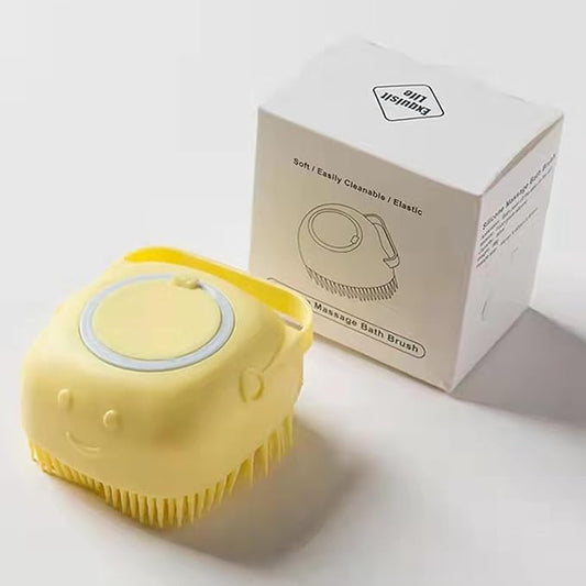 Pet Dog Bath Brush Soft Silicone Dog Shampoo Brush, Fur Grooming Cleaning Brush Shampoo Dispenser (Yellow)