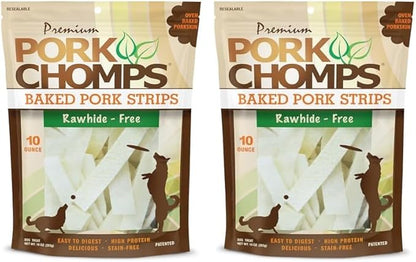 Pork Chomps Baked Pork Skin Dog Chews, 4-inch Strips, 10oz Bag (Pack of 2)