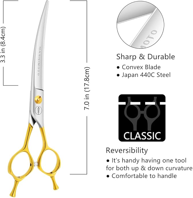 HASHIMOTO Curved Scissors for Dog Grooming, Light Weight, 7.0 inch, 30 Degree Curved Blade, Professional or DIY Use