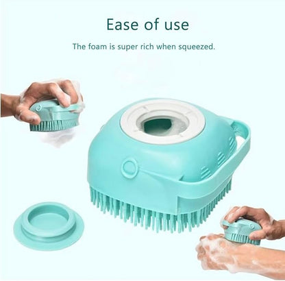Pet Bath Massage Brush with Soap Dispenser, Soft Silicone Grooming Tool for Dogs Cats