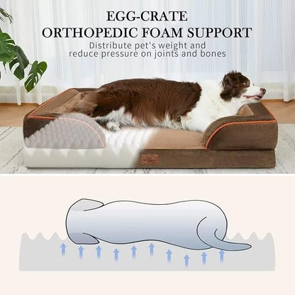 Large Dog Beds Orthopedic Foam, Waterproof Dog Beds for Large Dogs Sofa Comfy Pet Bed with Washable Removable Cover & Non-Slip Bottom(Large,Brown)