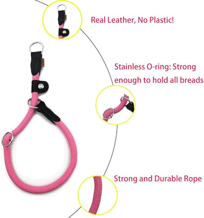 Braided Rope Collar, Training Dog Collar, Round Martingale Collar, Slip Collar with Adjustable Stopper and Slidable Stop Ring - Ideal for Small Dogs (S(1/4") - 14" Long, Pink)