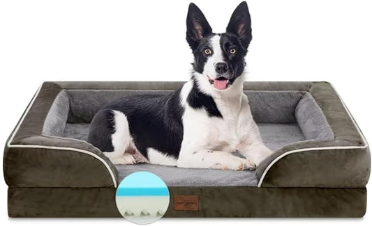 Orthopedic Memory Foam Dog Bed, Cooling Dog Bed for Large Dogs, Waterproof Dog Beds, Washable Dog Bed with Removable Cover,Pet Bed Dog Sofa with Bolster(Large,Olive Green)