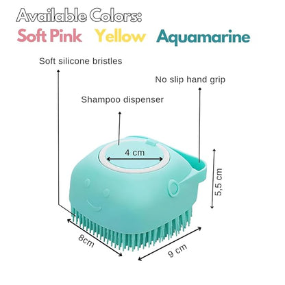 Silicone Pet Bath Brush with Shampoo Dispenser - For Dogs, Cats, and Puppies - Aquamarine Color
