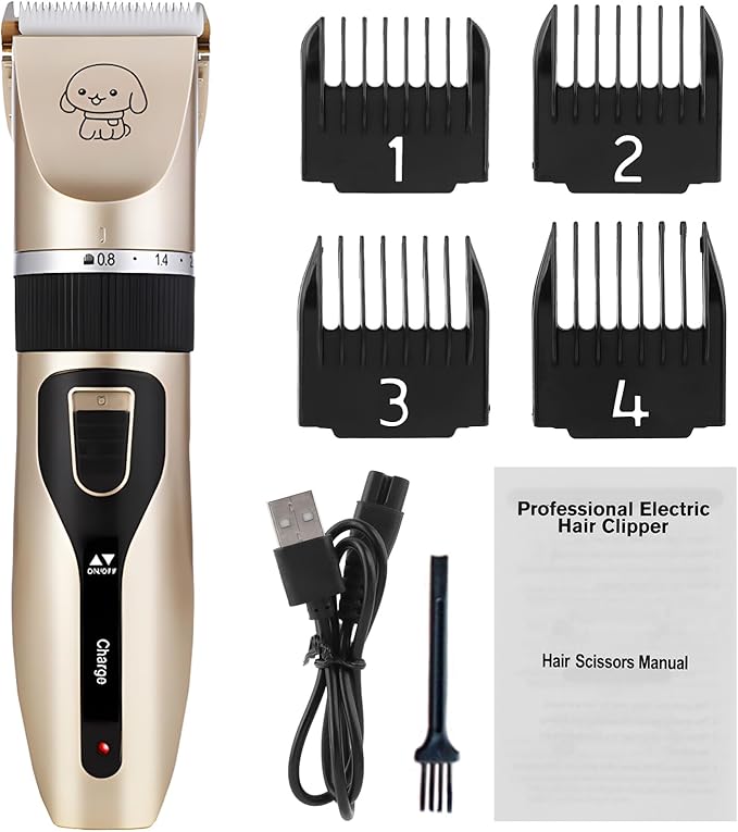 Pilarmuture Dog Grooming Clippers, Dog Hair Clipper with 4 Guard Combs, Low Noise Rechargeable Electric Cat Shaver Shears Tools for All Pets, Dog Trimmer for Grooming, Dog Shaver, Gold
