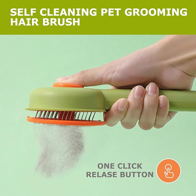 Pet Grooming Brush Kit for Cat and Dog, Hair Massage Cleaner with Release Button, 2 Flea Combs for Shedding Removing Tangles Loose Fur Self Cleaning Accessories (4 Pieces Set)