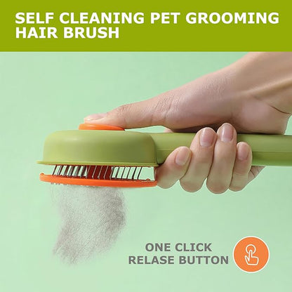 Pet Grooming Brush Kit for Cat and Dog, Hair Massage Cleaner with Release Button, 2 Flea Combs for Shedding Removing Tangles Loose Fur Self Cleaning Accessories (4 Pieces Set)