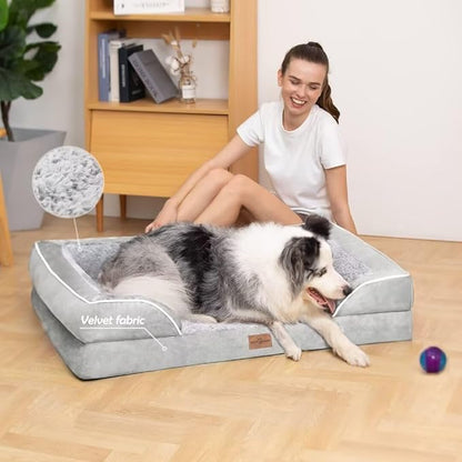 Orthopedic Memory Foam Dog Bed, Cooling Dog Bed, Waterproof Dog Beds for Large Dogs, Washable Dog Bed with Removable Cover,Pet Bed Dog Sofa with Bolster(Large,Light Grey)