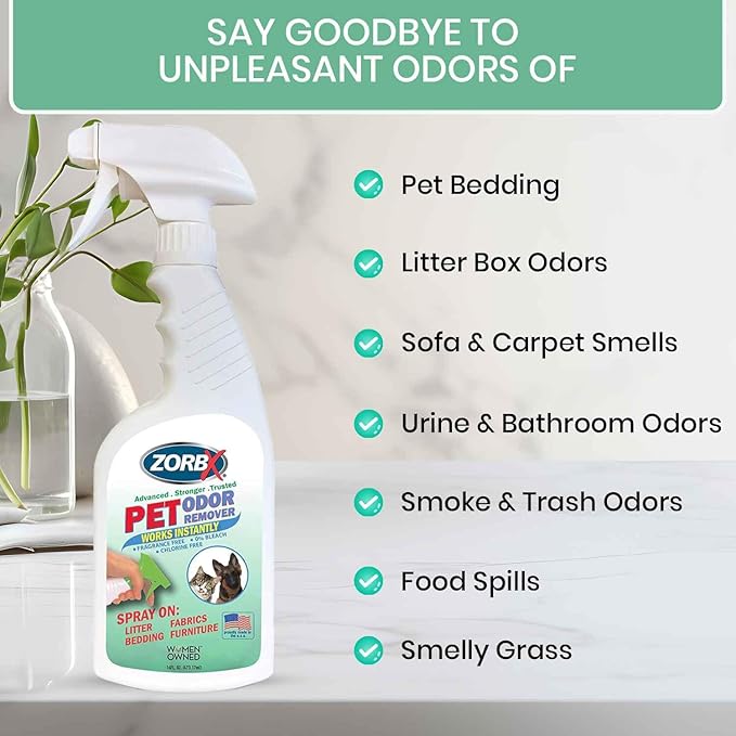 ZORBX Unscented Pet Odor Remover Spray 16 FL Oz - Perfume Free Strong Litter Odor Remover - Advanced Odor Control for Carpet, Bathroom & Urine Odors - Fast Acting Odor Remover Spray for Dogs & Cats
