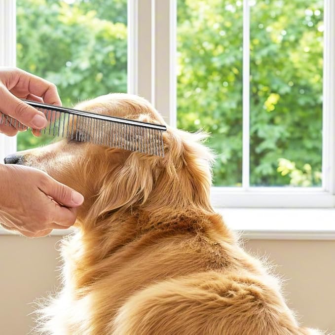 Metal Dog Combs for Grooming Small Dogs, Cats and Pets, Dematting, Detangling, Removing Shedding Hair & Knots, Pet Grooming Tool, Stainless Steel, 7.4-Inch