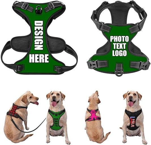 Personalized Pet Harnesses with Name and Phone Number, Heavy Duty Dog Harness with Leash Set Customization, Customizable No Pressure Pet Vest with You Own Design, DarkGreen, XL