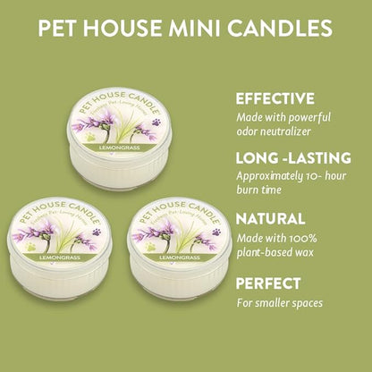 Pet House Mini Candles for Pet Odor Made with Natural Soy Wax, Plant Based, Dog and Cat Friendly Scented Candles, Lemongrass Pack of 3