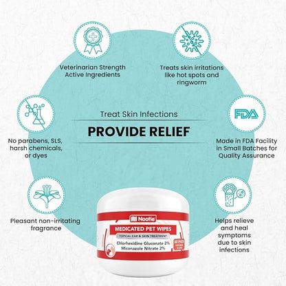 Nootie Medicated Dog Wipes - Antifungal Wipes - Antibacterial Wipes - Antimicrobial Wipes for Dogs 2% Chlorhexidine Wipes with 2% Micronazole for Best Results with Cats and Dogs Problems 60 pads - USA, White