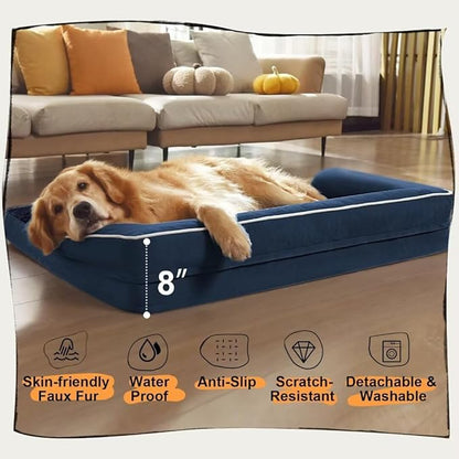 Orthopedic Large Dog Bed Washable: Orthopedic Dog beds for Large XXXLarge Size Dogs, Waterproof Washable Cover with Egg Foam Removable Bolster, Navy Blue Pet Beds for Large Dogs