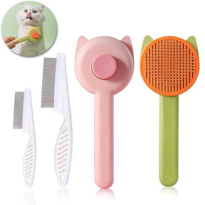 Pet Grooming Brush Kit for Cat and Dog, Hair Massage Cleaner with Release Button, 2 Flea Combs for Shedding Removing Tangles Loose Fur Self Cleaning Accessories (4 Pieces Set)