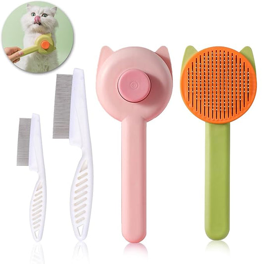 Pet Grooming Brush Kit for Cat and Dog, Hair Massage Cleaner with Release Button, 2 Flea Combs for Shedding Removing Tangles Loose Fur Self Cleaning Accessories (4 Pieces Set)