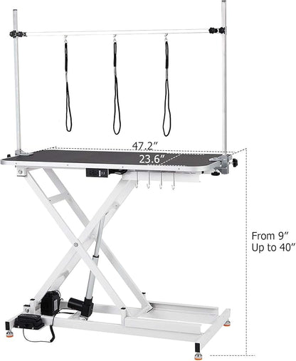 Upgraded Electric Dog Grooming Table - Heavy Duty, Height Adjustable (9.4"-39.4") Pet Grooming Table w/Leveling Wheels, X Lift, Anti Slip Tabletop & Tool Organizer/Dog Grooming Station, 47"/White