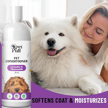Dog Conditioner Puppy Essentials - Moisturizing Conditioner for Dogs with Lavender and Chamomile Scent - Plant Based Dog Bath Supplies Detangle and Revive Pet's Coat - Made in USA (16 Oz)