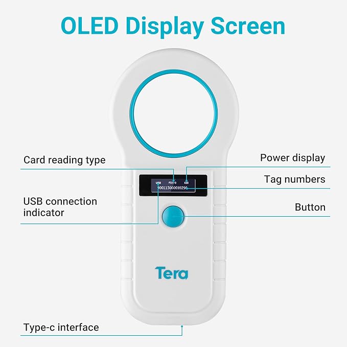 Tera Portable Pet Microchip Scanner - Animal Tag Reader with OLED Display Screen RFID Rechargeable Data Storage 2.4G Wireless & Wired USB EMID FDX-B(ISO11784/85) for Animal Management, White W90D