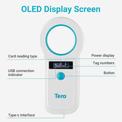 Tera Portable Pet Microchip Scanner - Animal Tag Reader with OLED Display Screen RFID Rechargeable Data Storage 2.4G Wireless & Wired USB EMID FDX-B(ISO11784/85) for Animal Management, White W90D