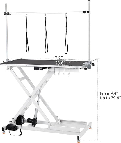 47” Electric Lift Dog Grooming Table (White), Heavy Duty Electric Grooming Arm Table for Pets & Large Dogs Adjustable Height: 9.4"-39.4" Non-slip Desktop with Gantry Crane Set, Fixture *4 Noose*2
