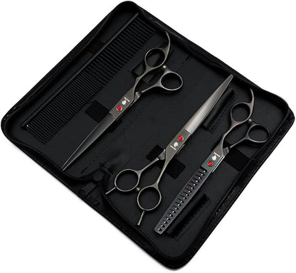 Smith Chu Professional Pet Dog Grooming Scissors Kit - Premium Stainless Steel Straight Curved Thinning Blade Dog Hair Cutting Shears Set -Best Tools for Trimming,7 inch Gun Black with Case (Set)