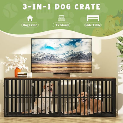 Dog Crate Furniture for 2 Dogs, 76” Wooden Dog Kennel with Divider, XXL Double Dog Crate Furniture Large Breed with 4 Doors, Dog Cage End Table Indoor for Large & Medium Dogs, Black