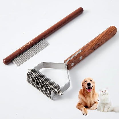 Pet Dematting Rake with 2 Sided Professional Pet Grooming Rake for Dogs and Cats 20-Blades Deshedding Detangle Thinning Undercoat Comb and Face Comb Kit with Wooden Handle
