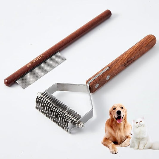 Pet Dematting Rake with 2 Sided Professional Pet Grooming Rake for Dogs and Cats 20-Blades Deshedding Detangle Thinning Undercoat Comb and Face Comb Kit with Wooden Handle