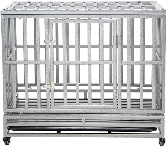 LUCKUP Heavy Duty Dog Cage Metal Kennel and Crate for Medium and Large Dogs, Pet Playpen with Four Wheels,Easy to Install,38 inch,Silver …